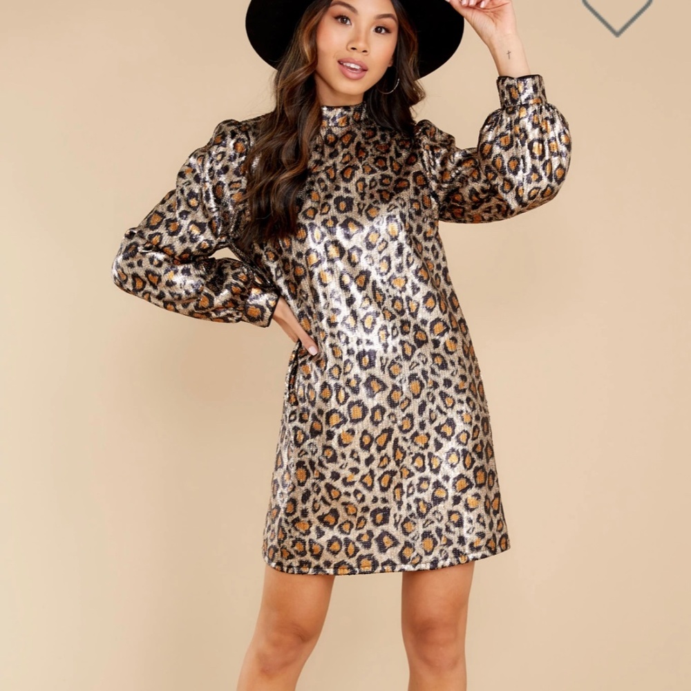 NEVER SHY GOLD LEOPARD PRINT SEQUIN DRESS
